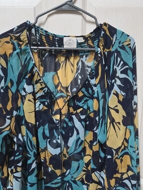 St. John's Bay Teal, Mustard & Navy Floral V-Neck Blouse
